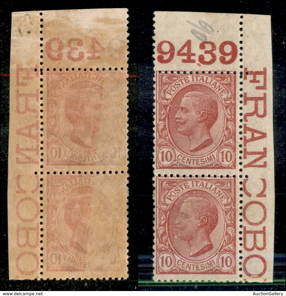 Regno - Posta Ordinaria  - 1906 - 10 Cent Leoni (82s) Con Decalco Parziale - Coppia Verticale Angolo Di Foglio Con Numer - Other & Unclassified