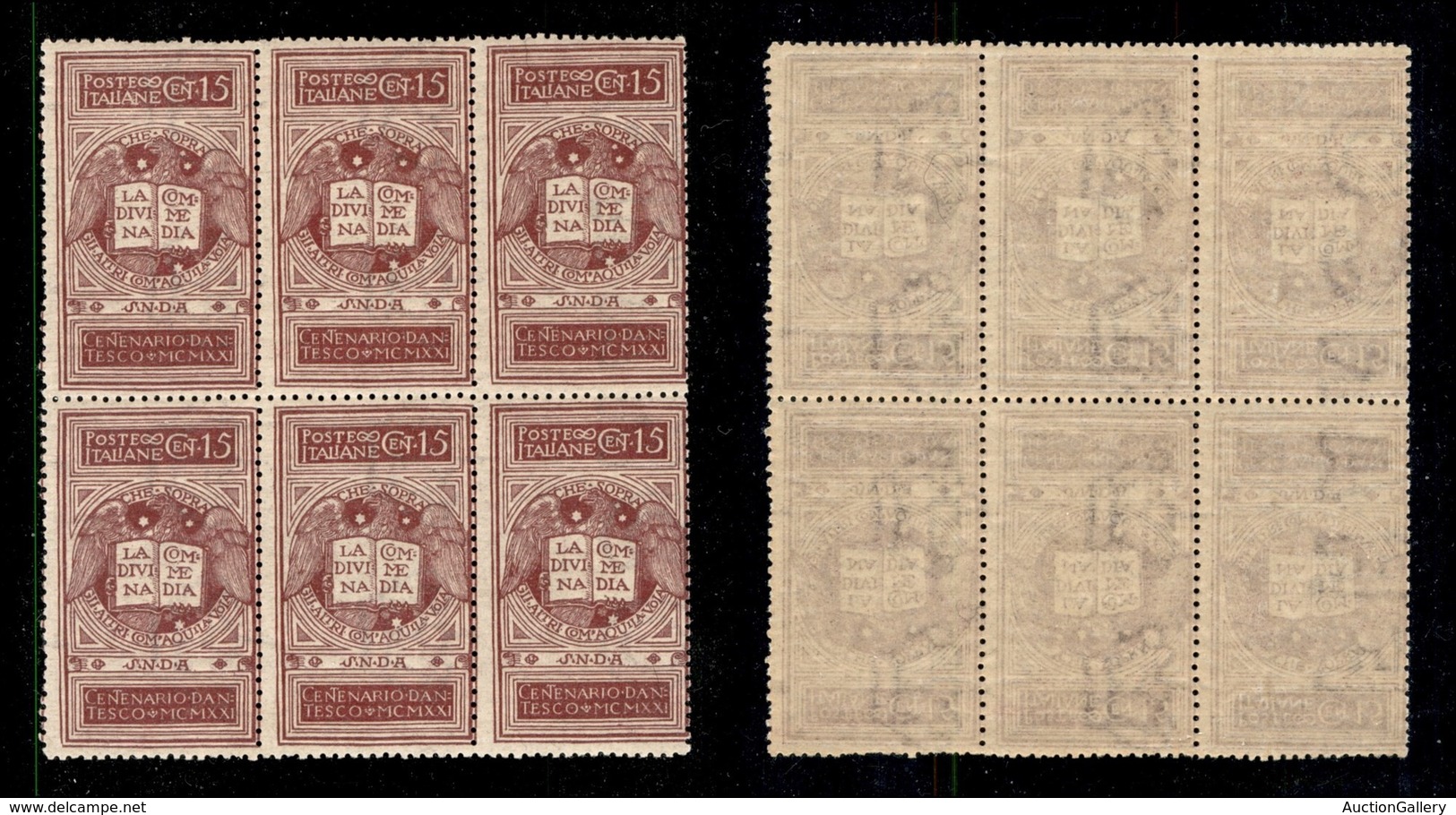 Regno - Posta Ordinaria  - 1921 - 15 Cent Dante (116ba) - Blocco Di Sei Con Filigrana Lettere Complete (Franco) Sui Due  - Andere & Zonder Classificatie