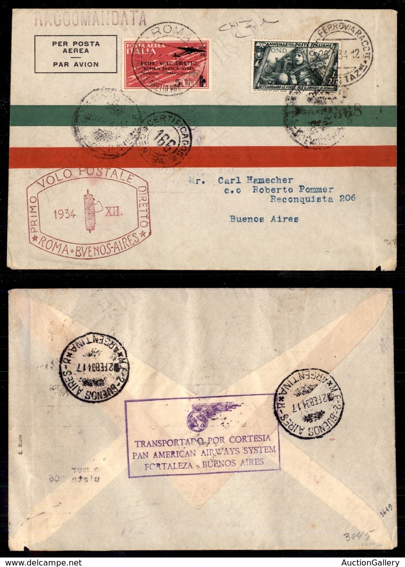 Regno - Posta Aerea - Raccomandata Del Volo Roma Buenos Aires Del 24.1.34 Affrancata Con 5 Lire (58 Aerea) + Complementa - Other & Unclassified