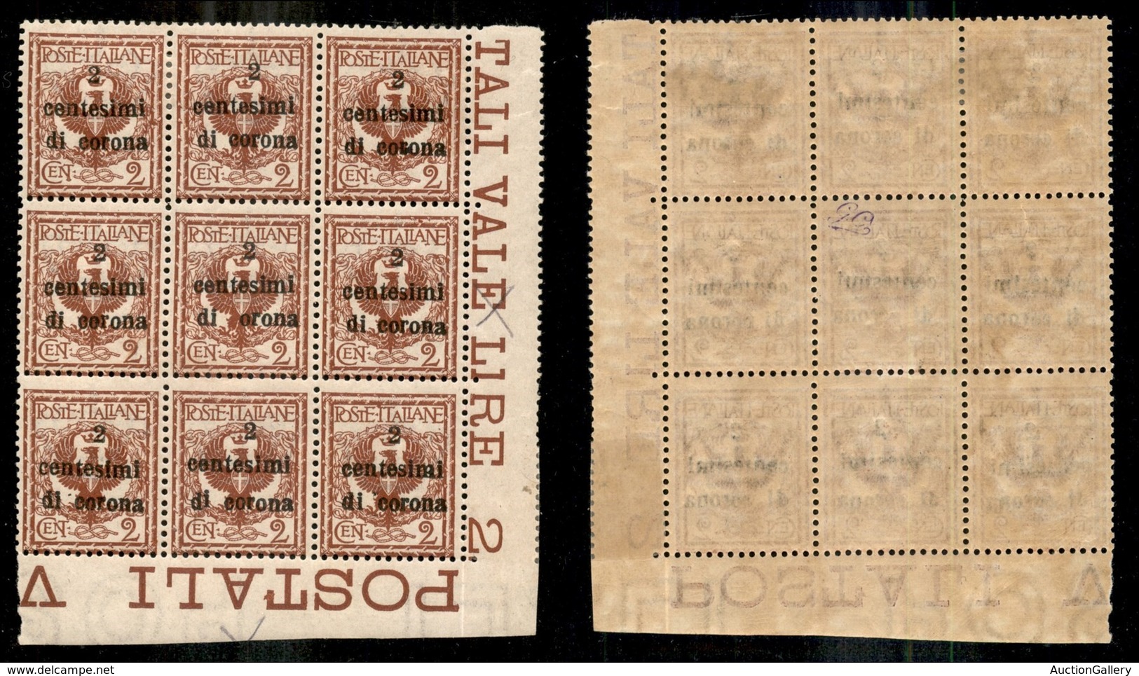 Occupazioni I Guerra Mondiale - Trento E Trieste - 1919 - 2 Cent Su 2 (2) - Blocco Angolare Di 9 Con Errore ORONA (2g) A - Other & Unclassified