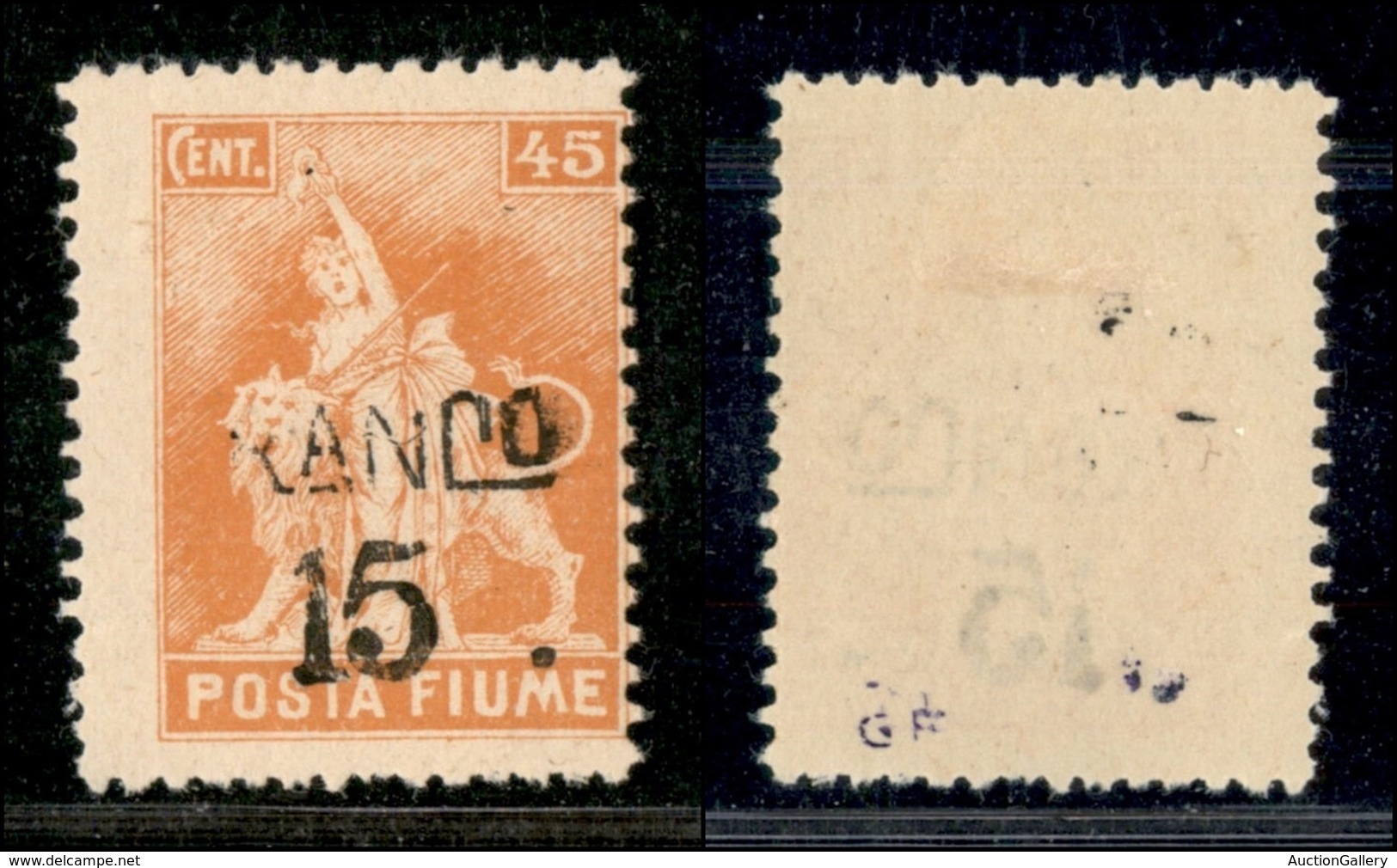 Occupazioni I Guerra Mondiale - Fiume - 1919 - ANCO 15 Su 45 Cent (D79v/vad) - R Parziale - Gomma Originale (200/300) - Other & Unclassified