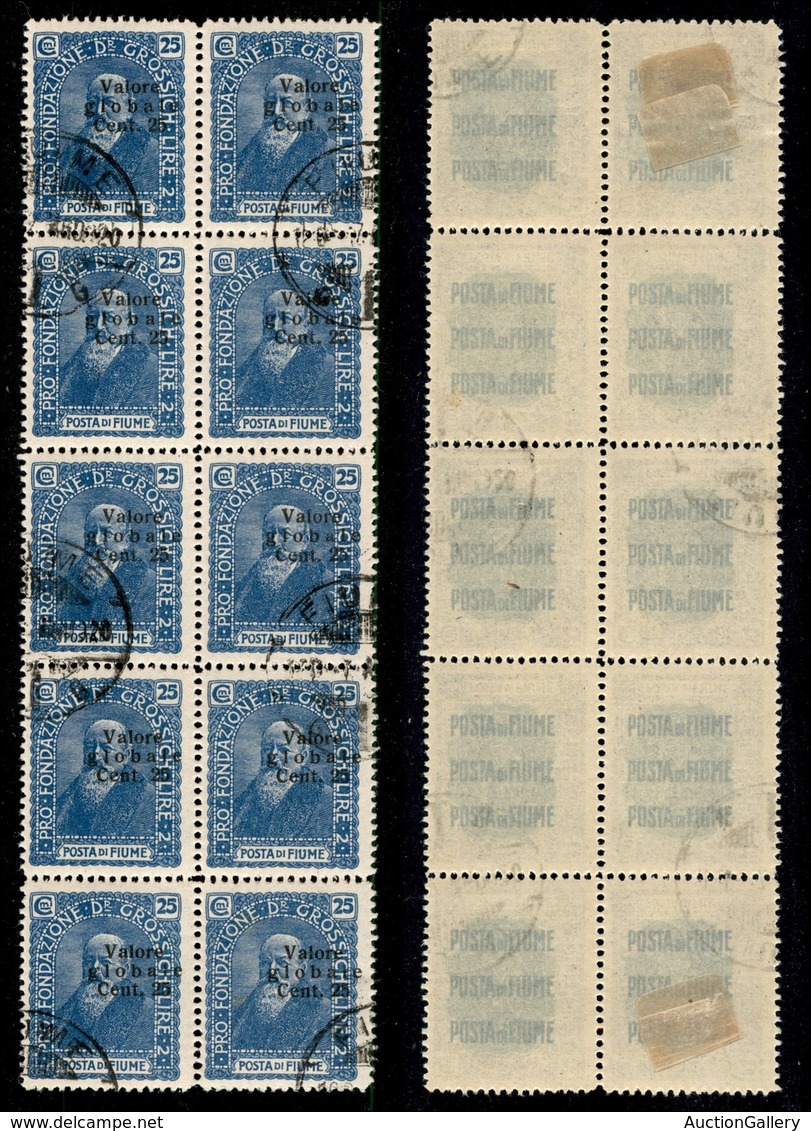 Occupazioni I Guerra Mondiale - Fiume - 1920 - 25 Cent Su 25 Valore Globale (103 Varietà) - Blocco Di 10 Usato - Soprast - Other & Unclassified