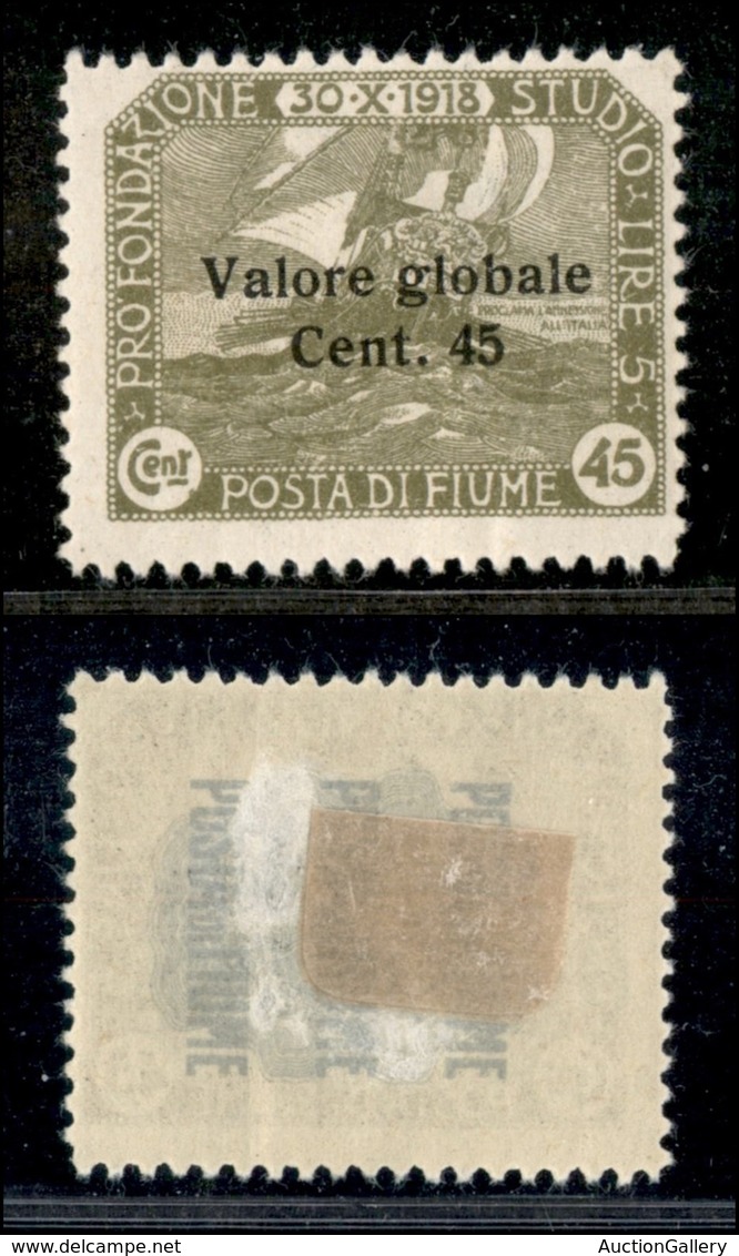 Occupazioni I Guerra Mondiale - Fiume - 1920 - 45 Cent Valore Globale (112) - Gomma Originale - Assottigliato Al Retro ( - Other & Unclassified