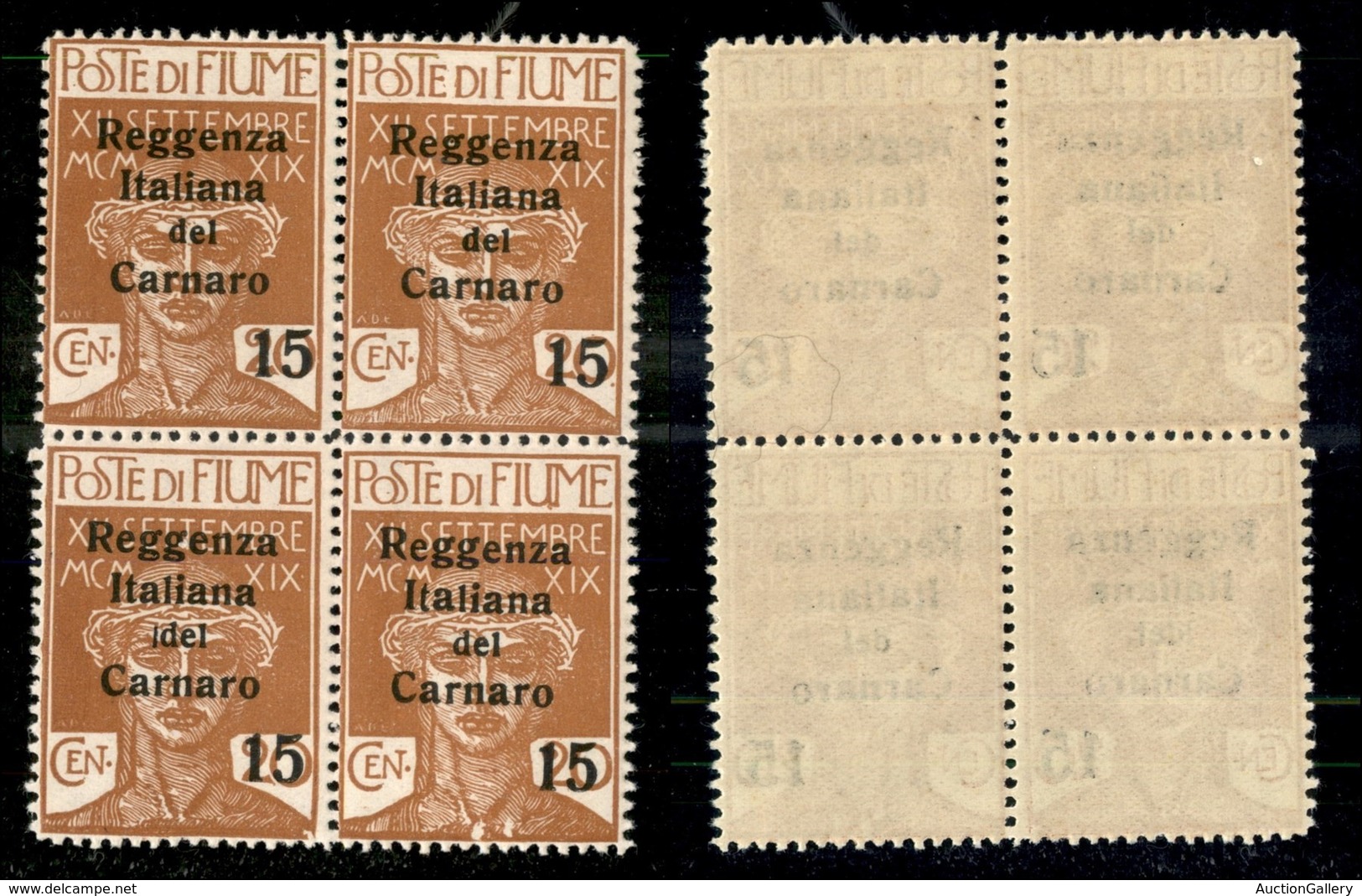Occupazioni I Guerra Mondiale - Fiume - 1920 - 15 Cent Su 20 Carnaro (136) In Quartina - Gomma Integra (200) - Other & Unclassified