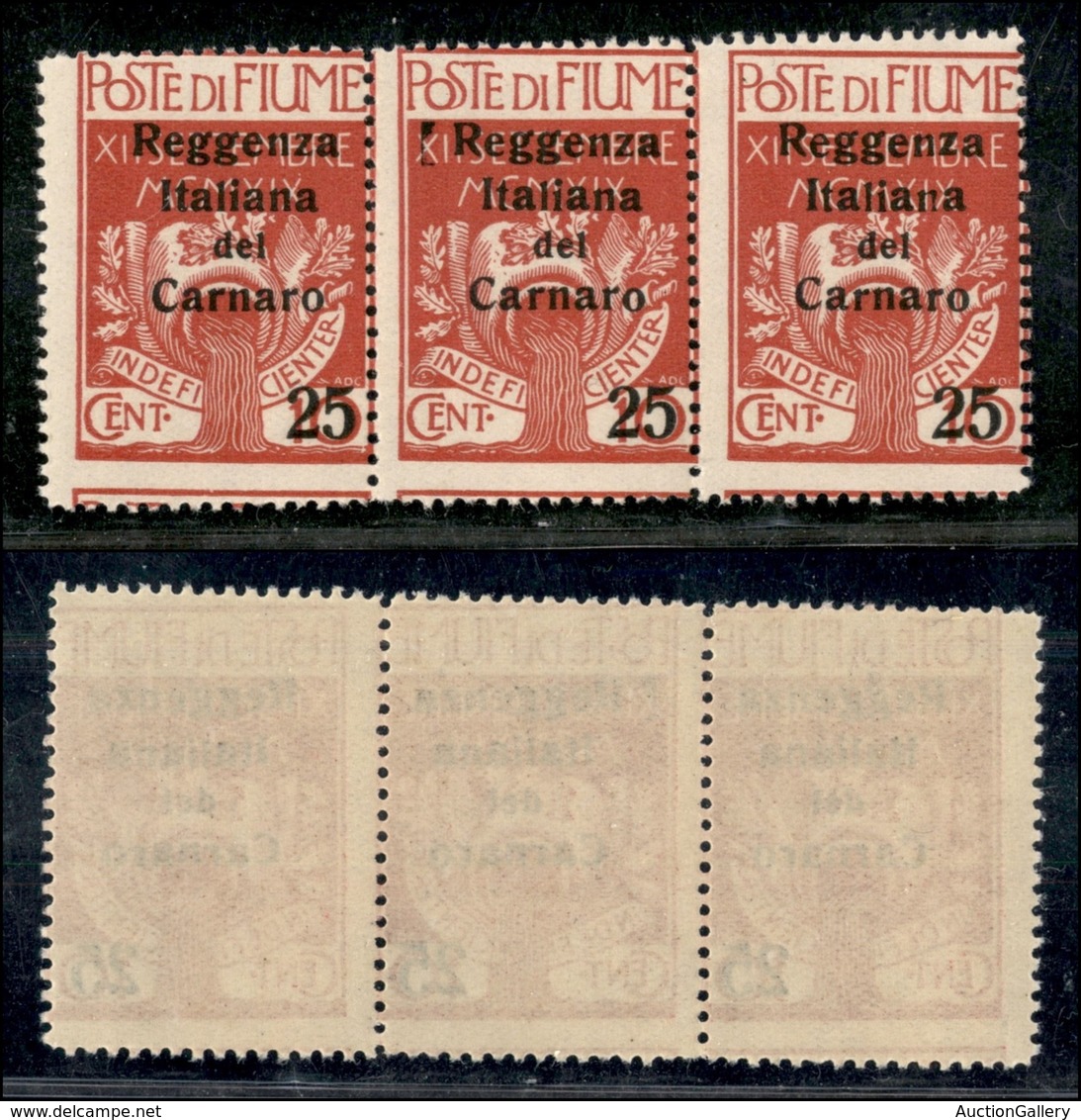 Occupazioni I Guerra Mondiale - Fiume - 1920 - 25 Cent Su 10 Carnaro (140-varietà) - Striscia Di 3 - Dentellatura Orizzo - Other & Unclassified