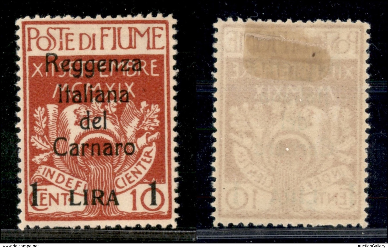 Occupazioni I Guerra Mondiale - Fiume - 1920 - 1 Lira Su 10 Cent Carnaro (143t) Senza Emblema Al Verso - Gomma Originale - Other & Unclassified