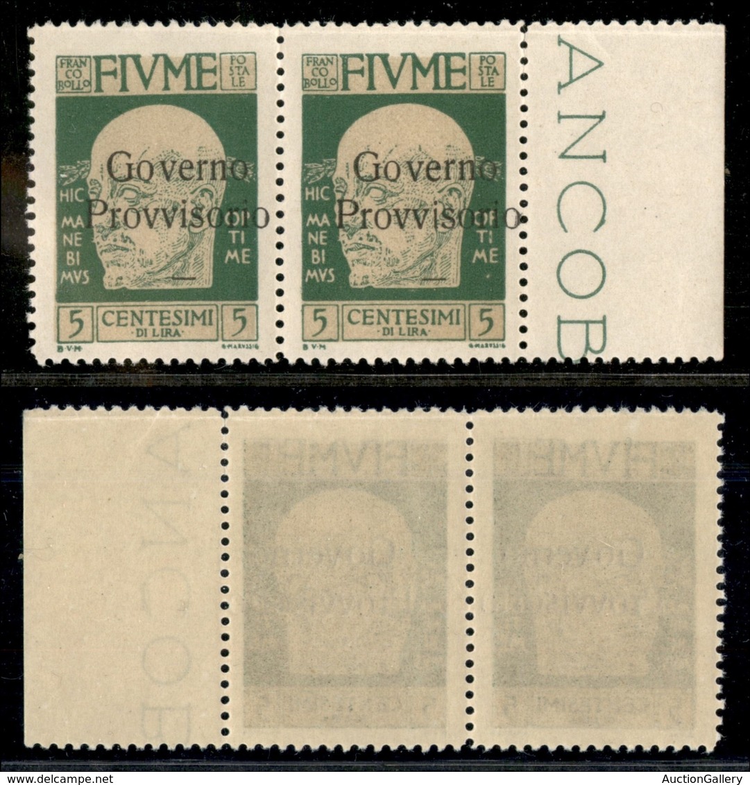 Occupazioni I Guerra Mondiale - Fiume - 1921 - 5 Cent Governo Provvisorio (149-varietà) - Coppia Bordo Foglio Con Sopras - Other & Unclassified