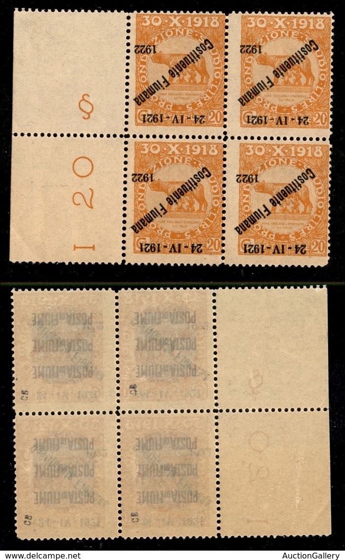 Occupazioni I Guerra Mondiale - Fiume - 1922 - 25 Cent Costituente (182b) - Quartina Bordo Foglio Con Soprastampe Capovo - Other & Unclassified