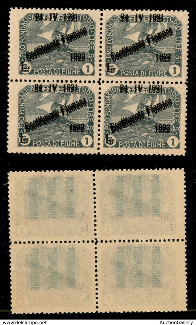 Occupazioni I Guerra Mondiale - Fiume - 1922 - 1 Lira Costituente (186f) - Quartina - Gomma Integra - Other & Unclassified