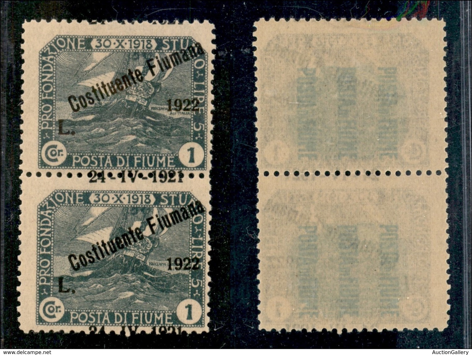 Occupazioni I Guerra Mondiale - Fiume - 1922 - 1 Lira Costituente (186Ka) - Coppia Verticale Con Data A Cavallo - Gomma  - Other & Unclassified