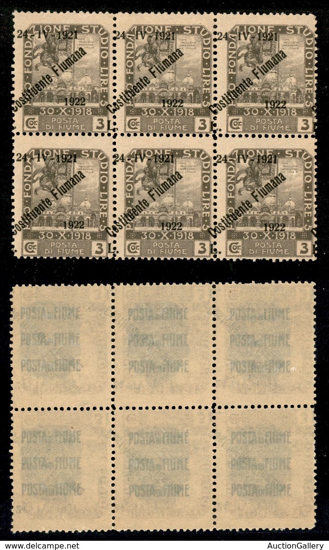 Occupazioni I Guerra Mondiale - Fiume - 1922 - 3 Lire Costituente (188K Varietà) - L A Destra (a Cavallo) - Blocco Di 6  - Other & Unclassified