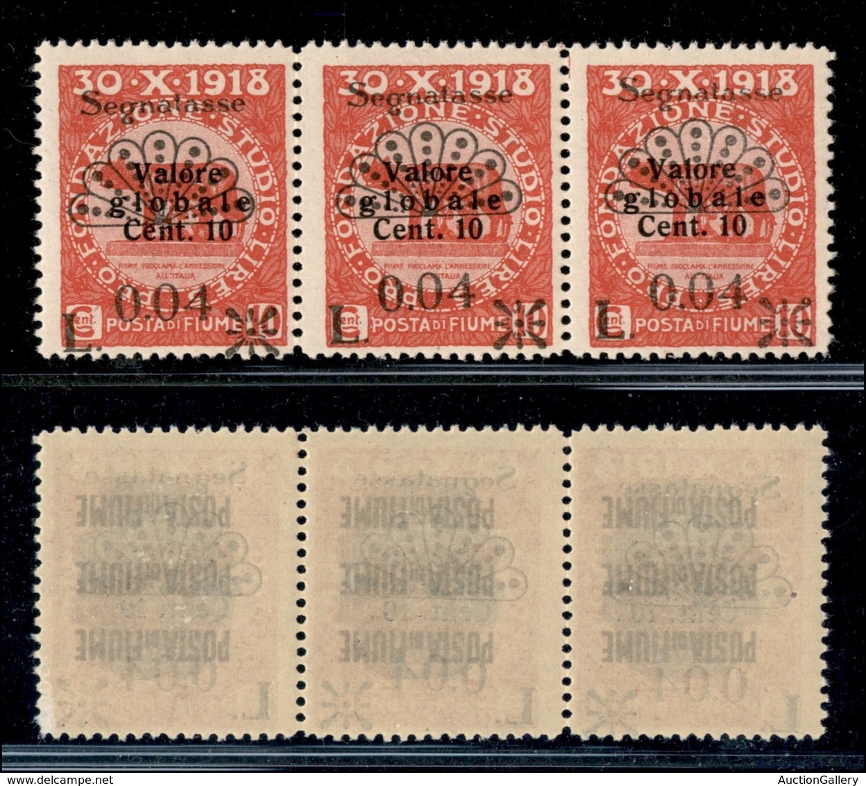 Occupazioni I Guerra Mondiale - Fiume - 1921 - 0.04 Su 10 Cent (26g) - Striscia Di 3 Con Soprastampe Oblique - Gomma Int - Other & Unclassified