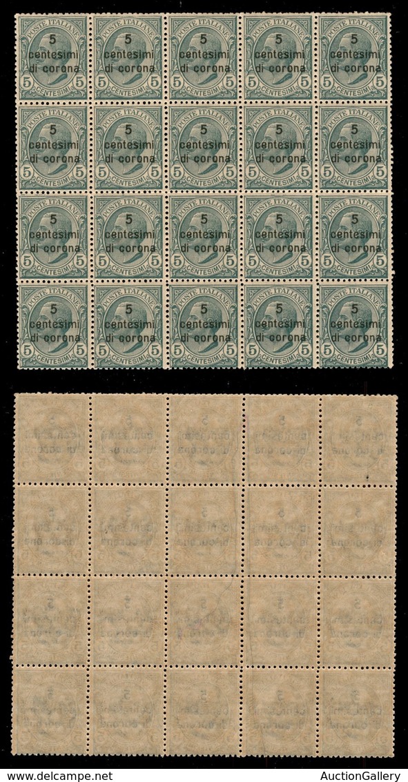 Occupazioni I Guerra Mondiale - Dalmazia - 1921 - 5 Cent Su 5 (2) - Blocco Di Venti - Gomma Integra (400) - Other & Unclassified