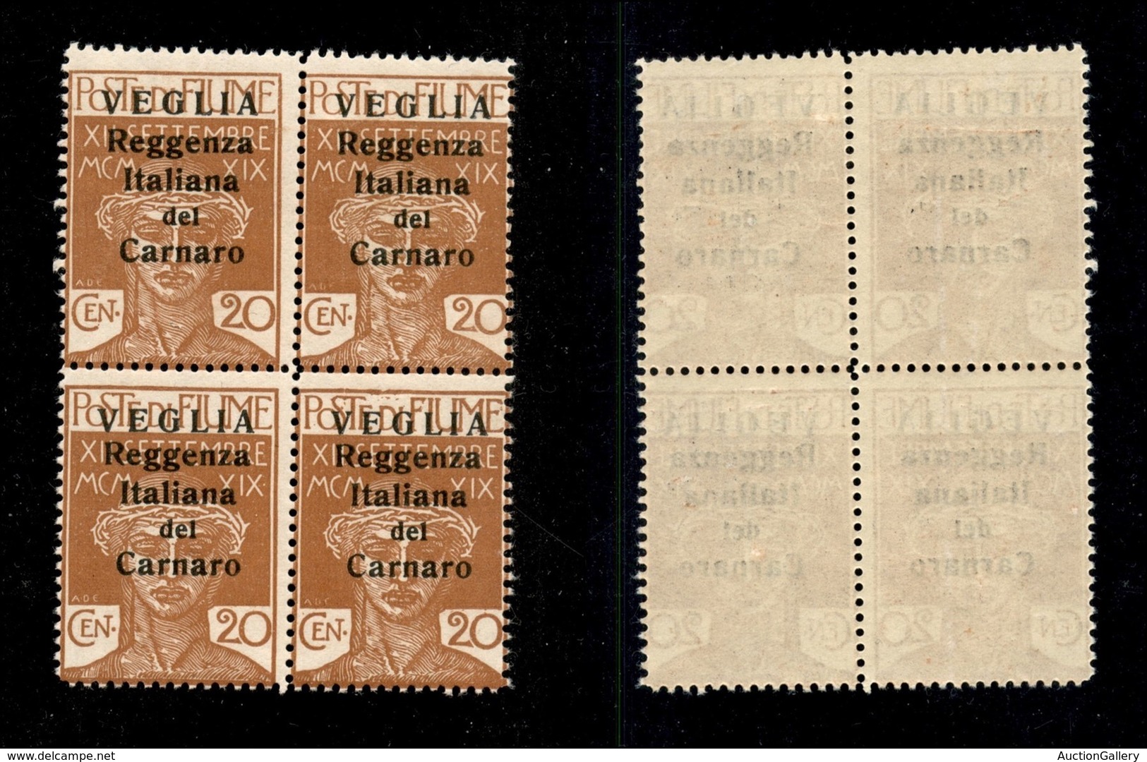 Occupazioni I Guerra Mondiale - Veglia - 1920 - 20 Cent (7) - Quartina - Gomma Integra (1100) - Other & Unclassified