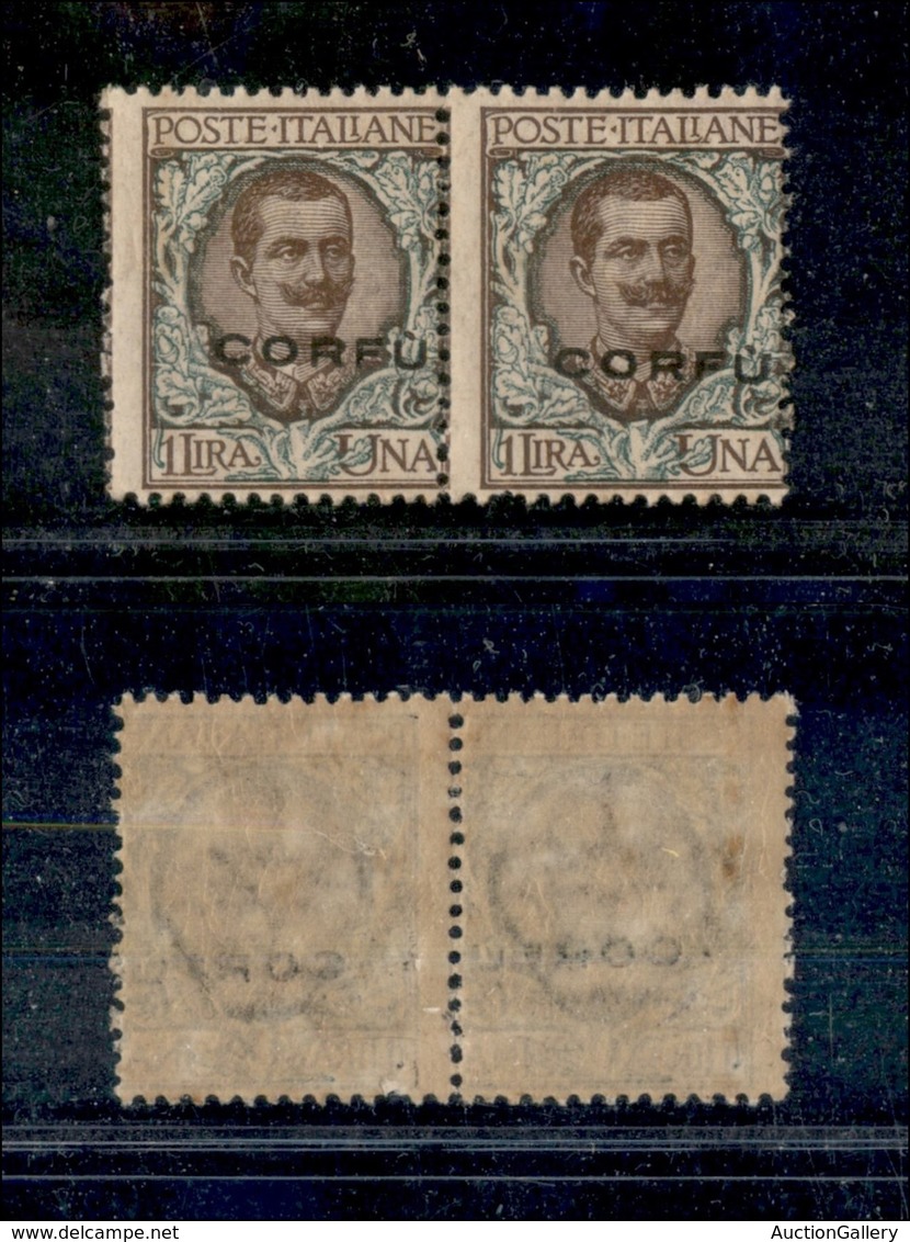 Occupazioni I Guerra Mondiale - Corfù - 1923 - Coppia Del 1 Lira (8 Varietà) Con Soprastampe Oblique - Gomma Integra - N - Other & Unclassified