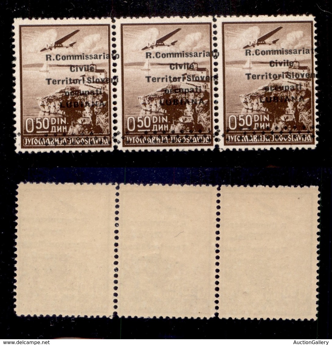 Occupazioni II Guerra Mondiale - Lubiana - 1941 - 50 Para (1fca-Aerea) - Striscia Di 3 Con Soprastampa Spostata A Destra - Other & Unclassified