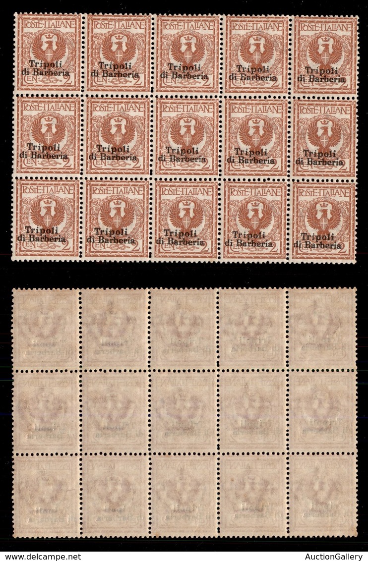 Uffici Postali All'Estero - Tripoli Di Barberia - 1909 - 2 Cent (2 - Varietà) - Blocco Di 15 Con Soprastampe Oblique - G - Altri & Non Classificati