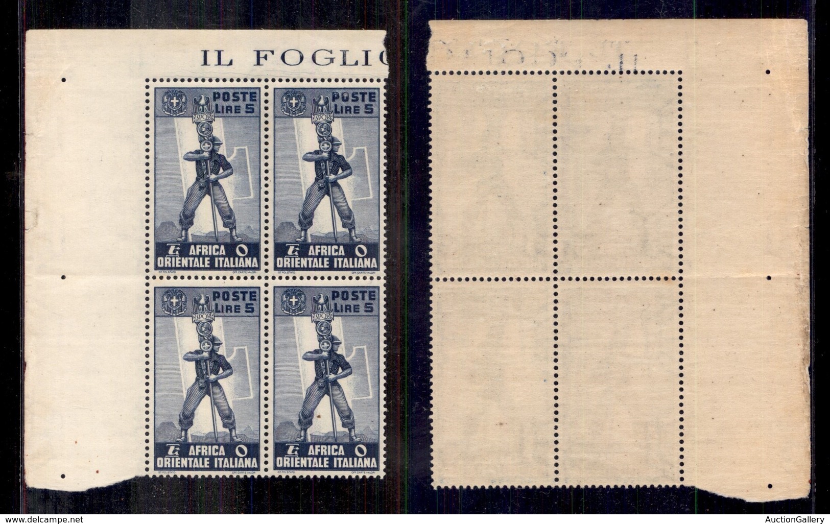Colonie - Africa Orientale Italiana - 1938 - 5 Lire (18) - Quartina Angolare - Coppia Superiore Con Traccia Di Linguella - Other & Unclassified