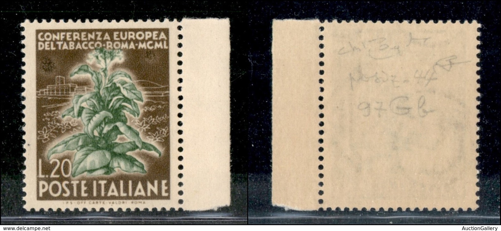 Repubblica - Posta Ordinaria - 1950 - 20 Lire Tabacco (630 - Specializzato 97Gb) Bordo Foglio - Doppio Ritocco In Alto - - Autres & Non Classés