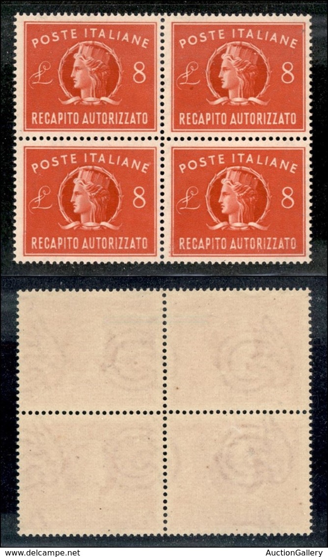 Repubblica - Recapito - 1947 - Recapito Autorizzato - 8 Lire (9) In Quartina - Gomma Integra (160+) - Autres & Non Classés