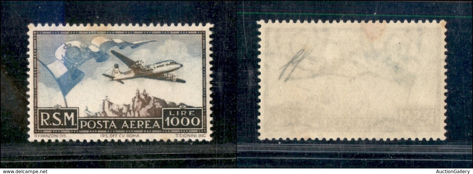 San Marino - Posta Aerea - 1951 - Posta Aerea - 1000 Lire Bandiera E Aereo (99) - Gomma Integra - Leggero Ingiallimento  - Other & Unclassified
