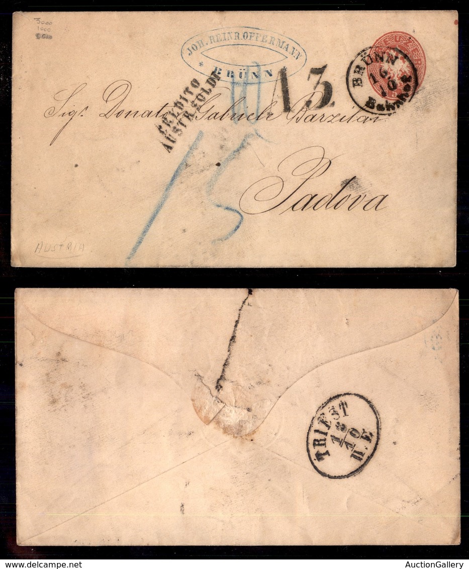 AUSTRIA - Credito Austr. Soldi + A3 - Busta Postale Da 5 Kreuzer De Brunn A Padova - Tassata - Other & Unclassified