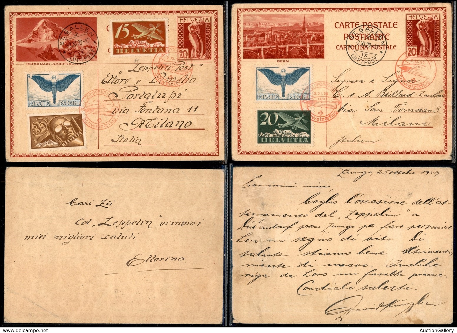 SVIZZERA - Zeppelin Schweizerflug (2.11.29) - Cartolina Postale Con Complementari Da St. Gallen A Milano - Other & Unclassified