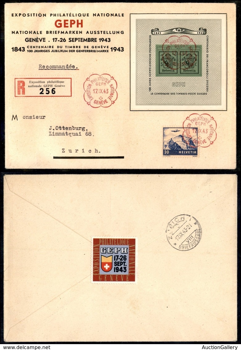 SVIZZERA - GEPH – Esposizione Filatelica Nazionale Ginevra 17.9.43 – Busta + Foglietto + Chiudilettera – Raccomandata Af - Other & Unclassified