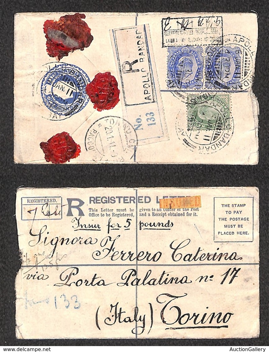 INDIA - 1911 – Registered Letter Assicurata Da Apollo Bandar (Mumbai) A Torino - Other & Unclassified