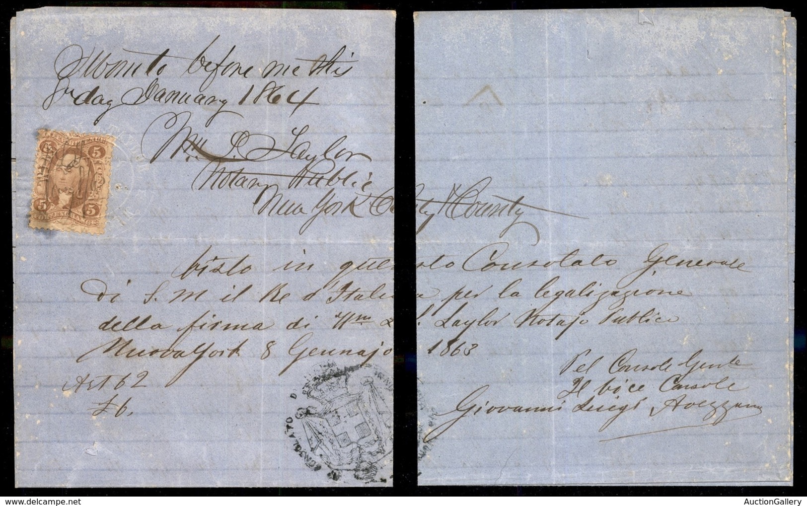 STATI UNITI D'AMERICA - 1863 (8 Gennaio) – R. Consolato D'Italia – 5 Cent Fiscale Su Documento D'autentica - Other & Unclassified