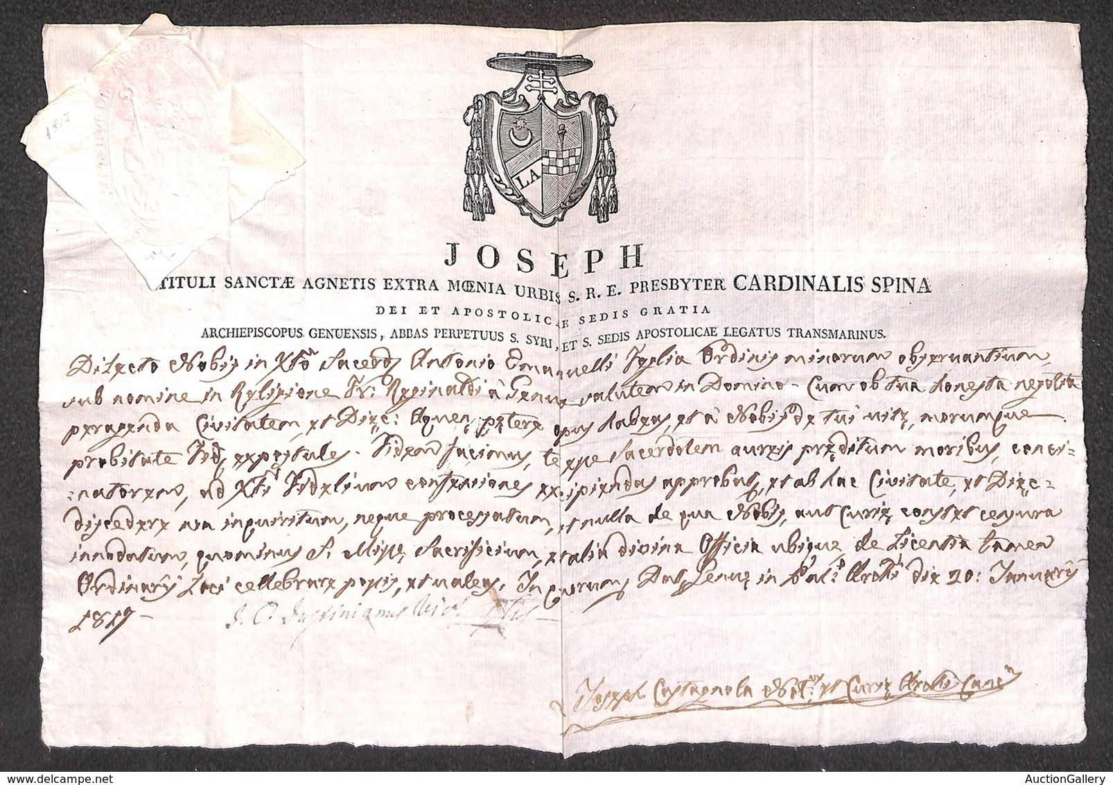 VARIE - 1817 - Sigillo Cardinalizio A Secco Su Documento - Chiavarello - Other & Unclassified