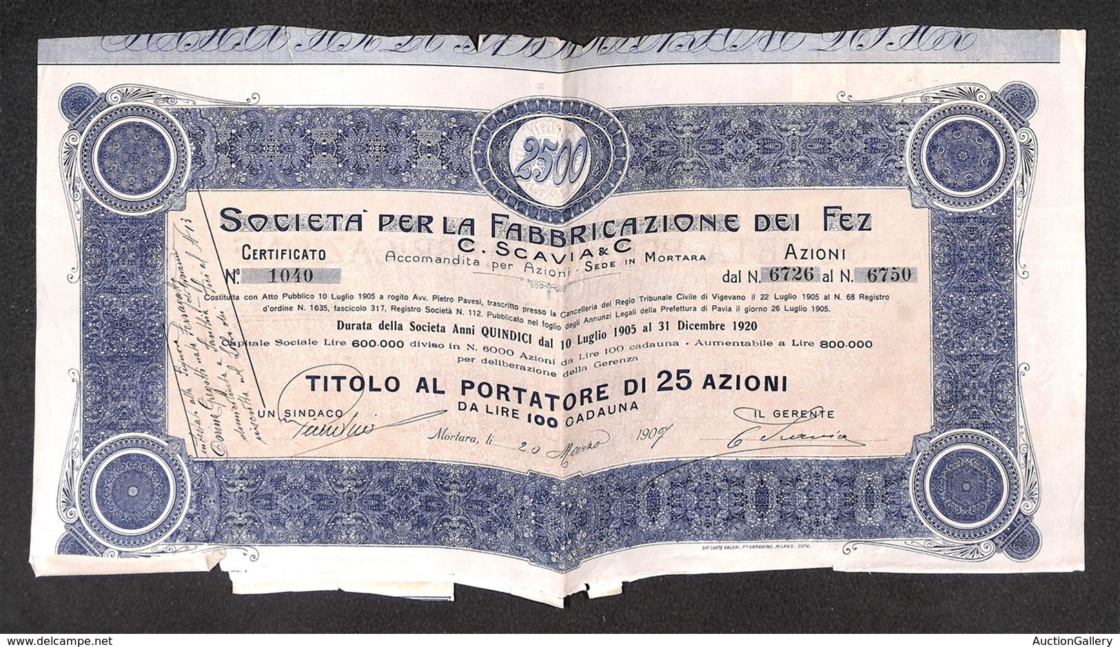 VARIE - 1905 – Società Per La Fabbricazione Dei Fez – Titolo Al Portatore Di 25 Azioni - Altri & Non Classificati