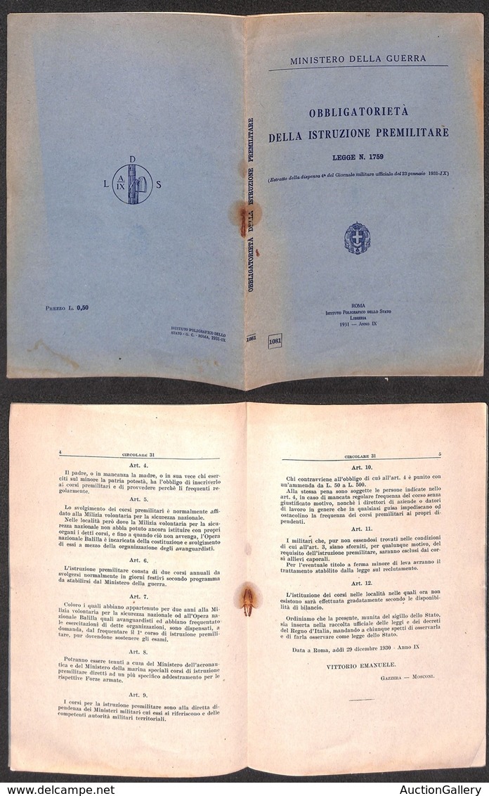 VARIE - 1931 – Obbligatorietà Della Istruzione Premilitare – Ministero Della Guerra – Opuscolo In Ottavo - Altri & Non Classificati