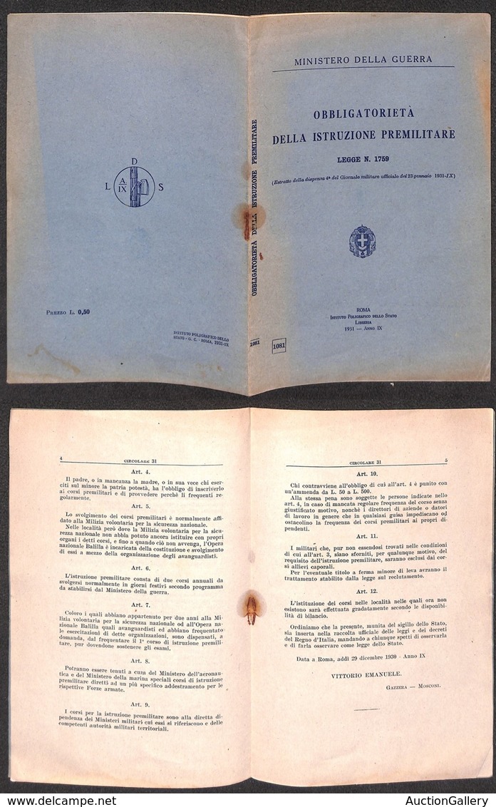 VARIE - 1931 – Obbligatorietà Della Istruzione Premilitare – Ministero Della Guerra – Opuscolo In Ottavo - Other & Unclassified