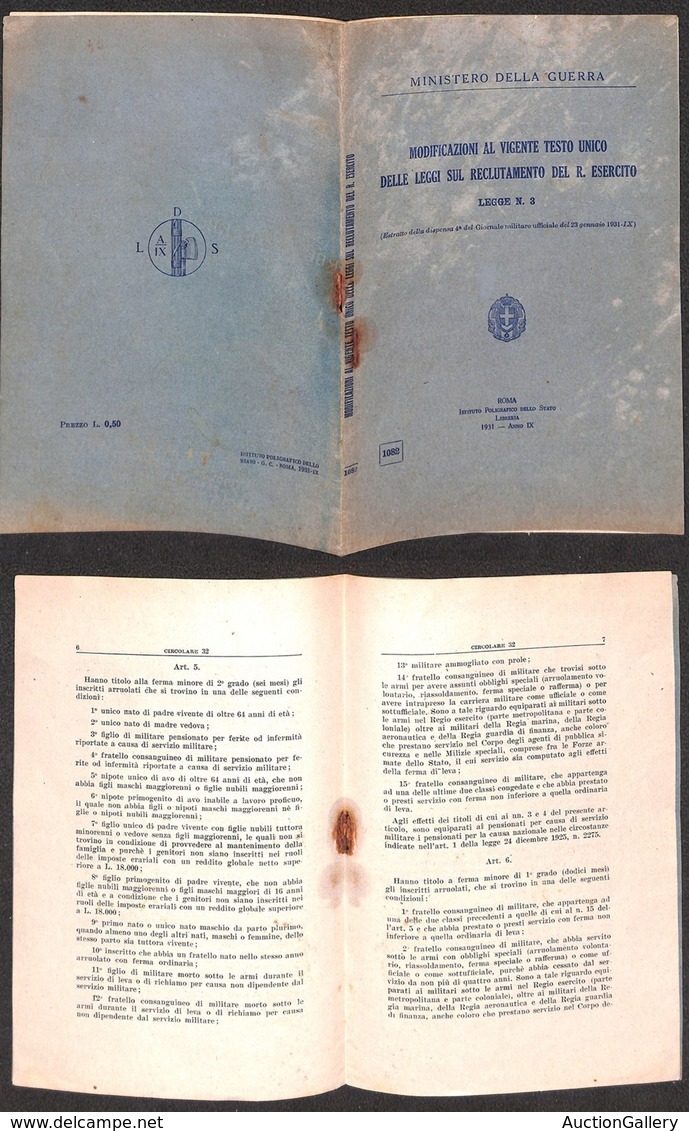 VARIE - 1931 – Leggi Sul Reclutamento Del R.E. Esercito – Modificazioni – Opuscolo In Ottavo - Other & Unclassified