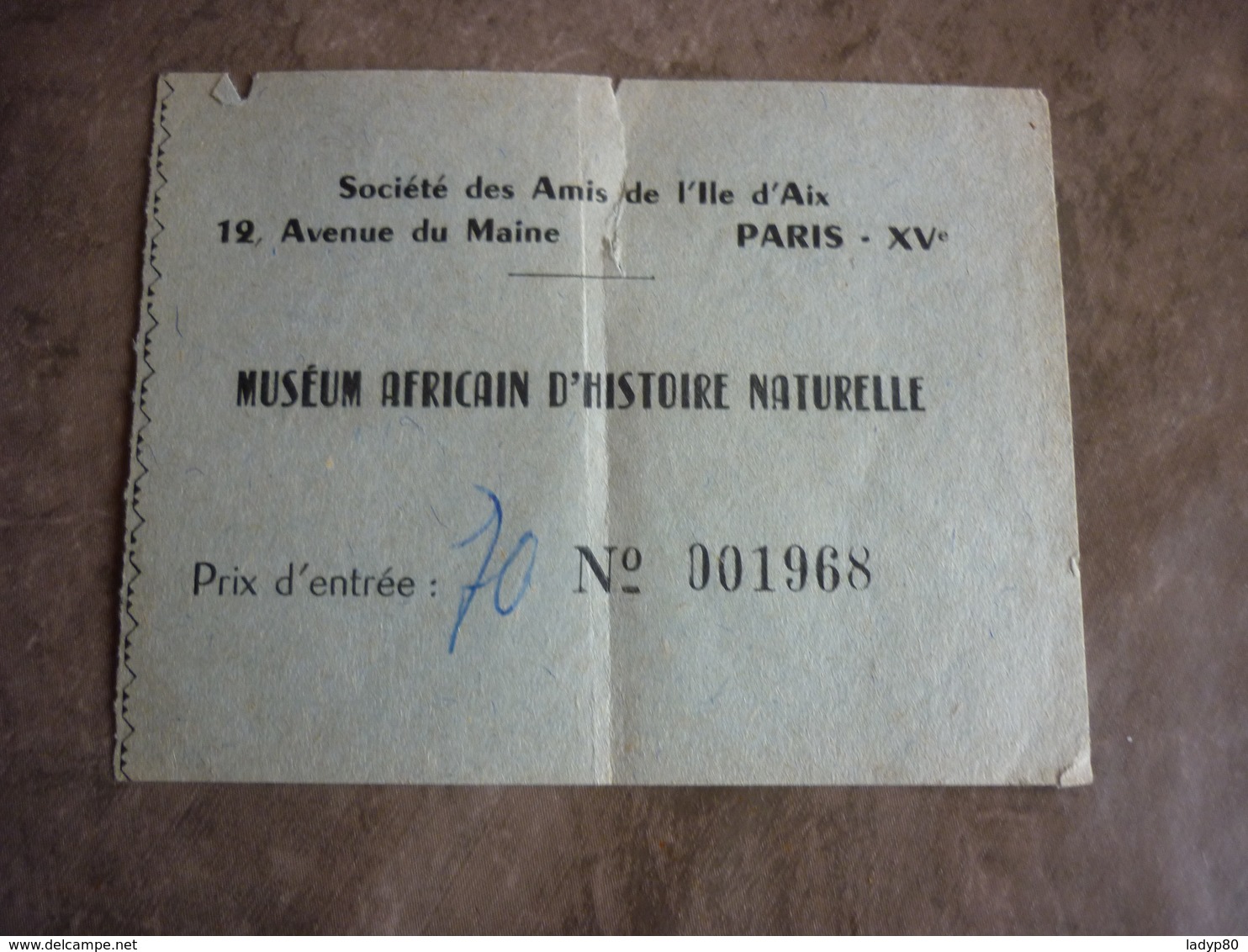 Ticket D'entrée Ancien Muséum Africain D'histoire Naturelle Société Des Amis De L'Ile D'Aix - Tickets D'entrée