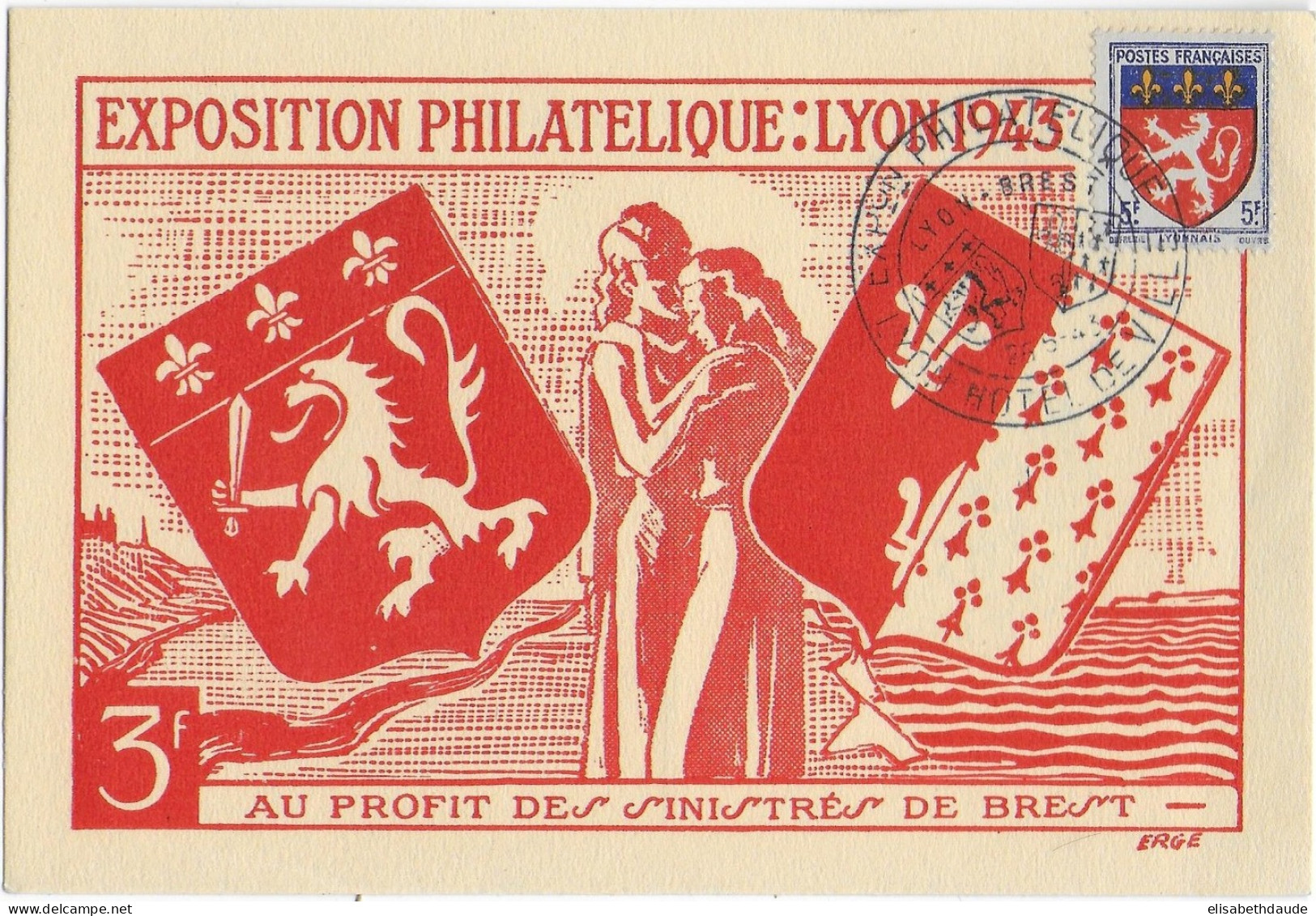 1943 - EXPO PHILATELIQUE De LYON - CARTE MAXIMUM ARMOIRIES AU PROFIT Des SINISTRES De BREST - 1940-1949