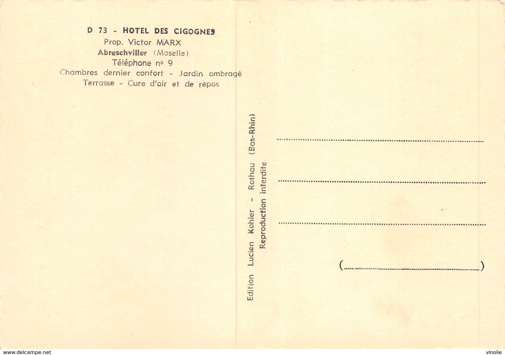 PIE.T Jm2.19-7245 : ABRESCHVILLER. HOTEL DES CIGOGNES. VICTOR MARX. - Andere & Zonder Classificatie