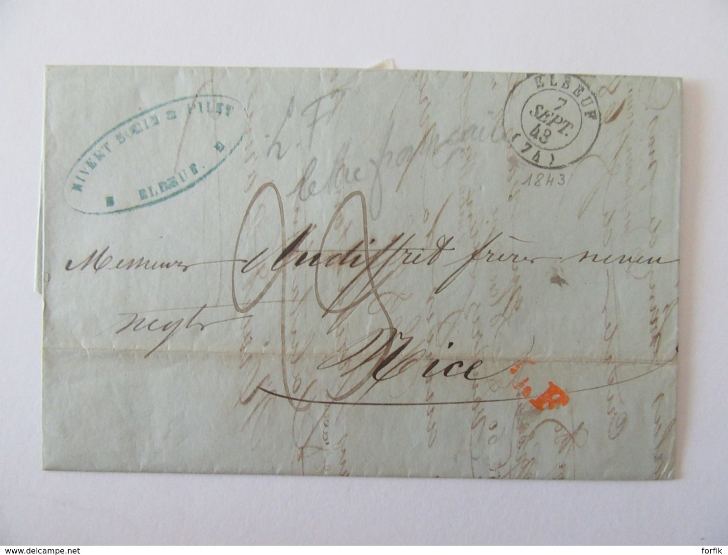 Marque Linéaire LF Rouge (Lettre Française) Sur Lettre Elbeuf Vers Nice (Piémont) - 7 Septembre 1843 - 1801-1848: Precursors XIX