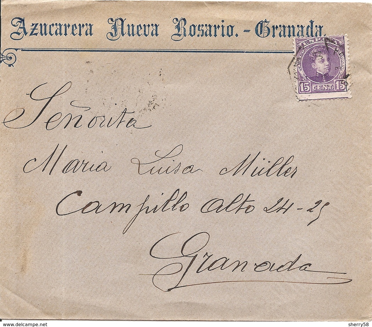 1901-1905-ED. 246 EN CARTA ALFONSO XIII TIPO CADETE 15 CTS VIOLETA-MAT. AMBULANTE DE GRANADA Y LLEGADA 8NOV1907 - Storia Postale