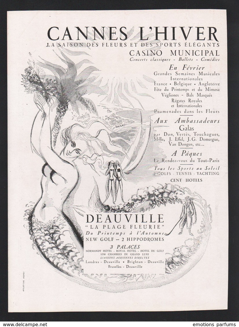 Pub Papier 1947 Tourisme Cannes 06 Et Deauville Dessin Femme Sirene - Advertising