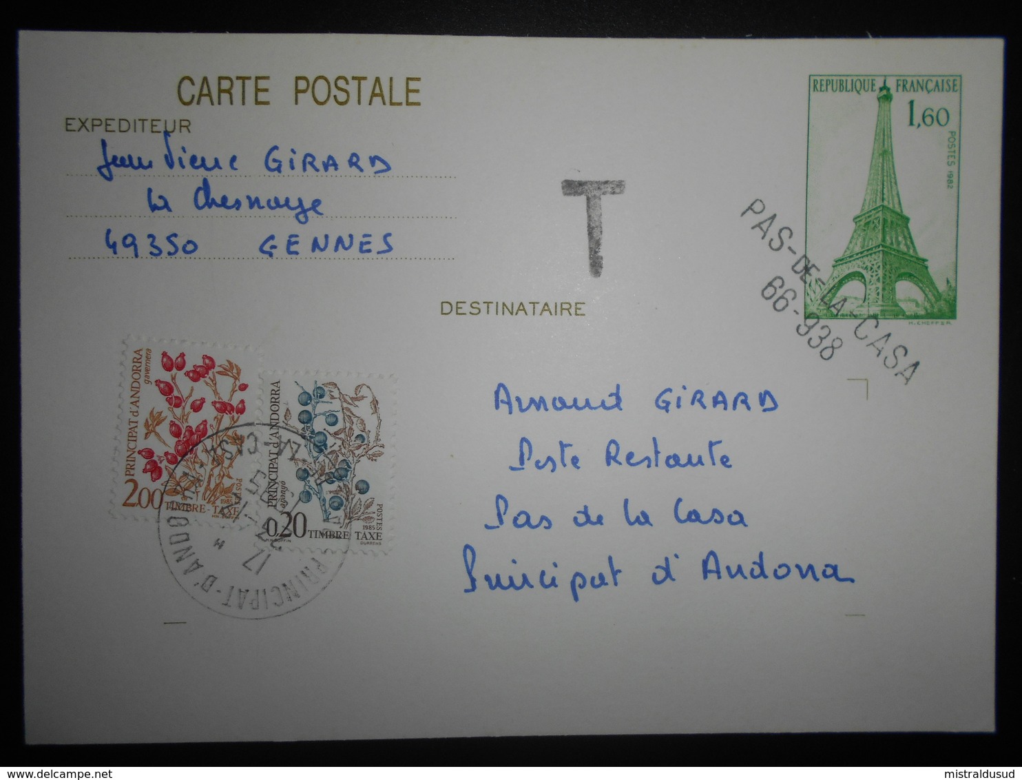 Andorre Français Taxe , Carte Taxe Pas De La Casa 1985 En Provenance De Gennes - Cartas & Documentos