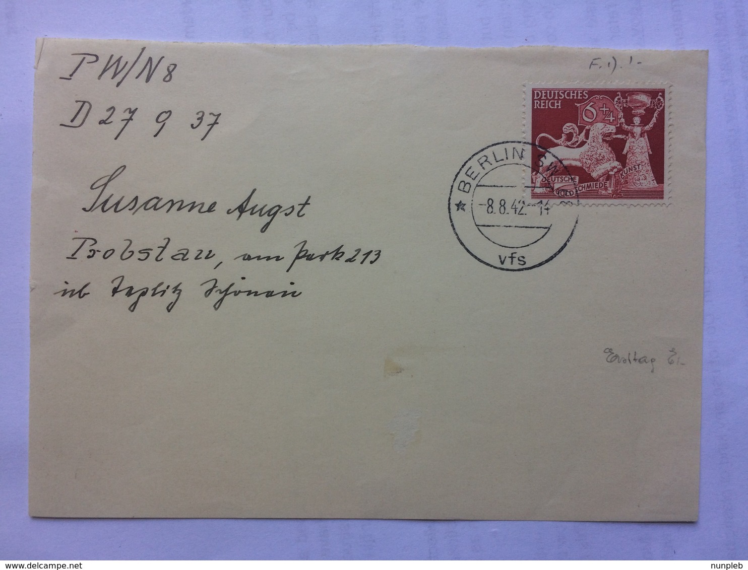 GERMANY 1942 Piece Berlin To Probstau Poland - Briefe U. Dokumente