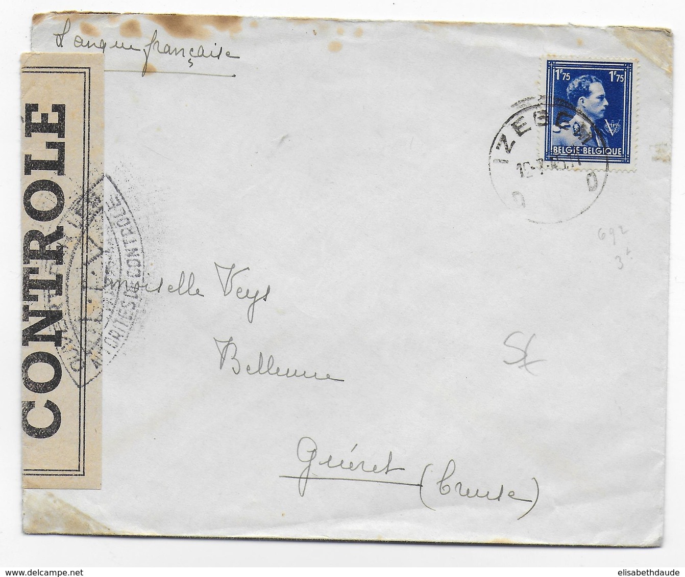 BELGIQUE - 1945 - ENVELOPPE De IZEGEM => GUERET (CREUSE) Vec CENSURE L.L.Y - WW II (Covers & Documents)