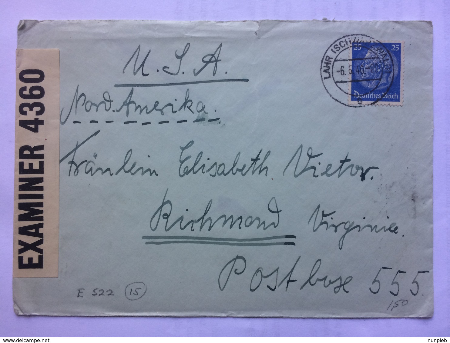 GERMANY 1940 Cover Lahr To Richmond Virginia USA With Censor Tape And Censor Cachet - Lettres & Documents