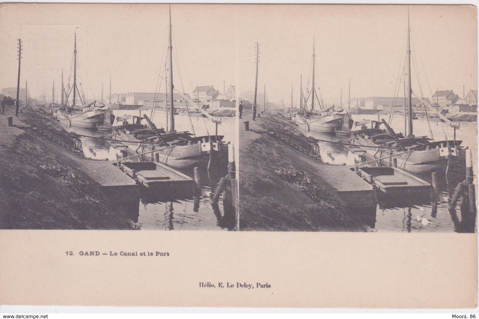 BELGIQUE - GAND -LE CANAL ET LE PORT - CARTE STEREO - STEREOSCOPIQUES - PUB CHOCOLAT LOUIT AU VERSO - - Cartes Stéréoscopiques