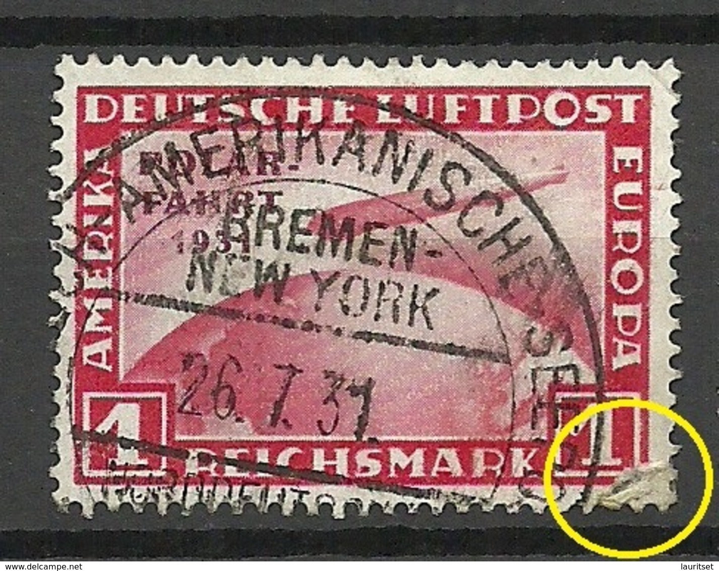 Deutsches Reich 1931 Michel 456 Zeppelin O NB! Damaged/repaired Lower Left Corner ! Nice Cancel - Used Stamps