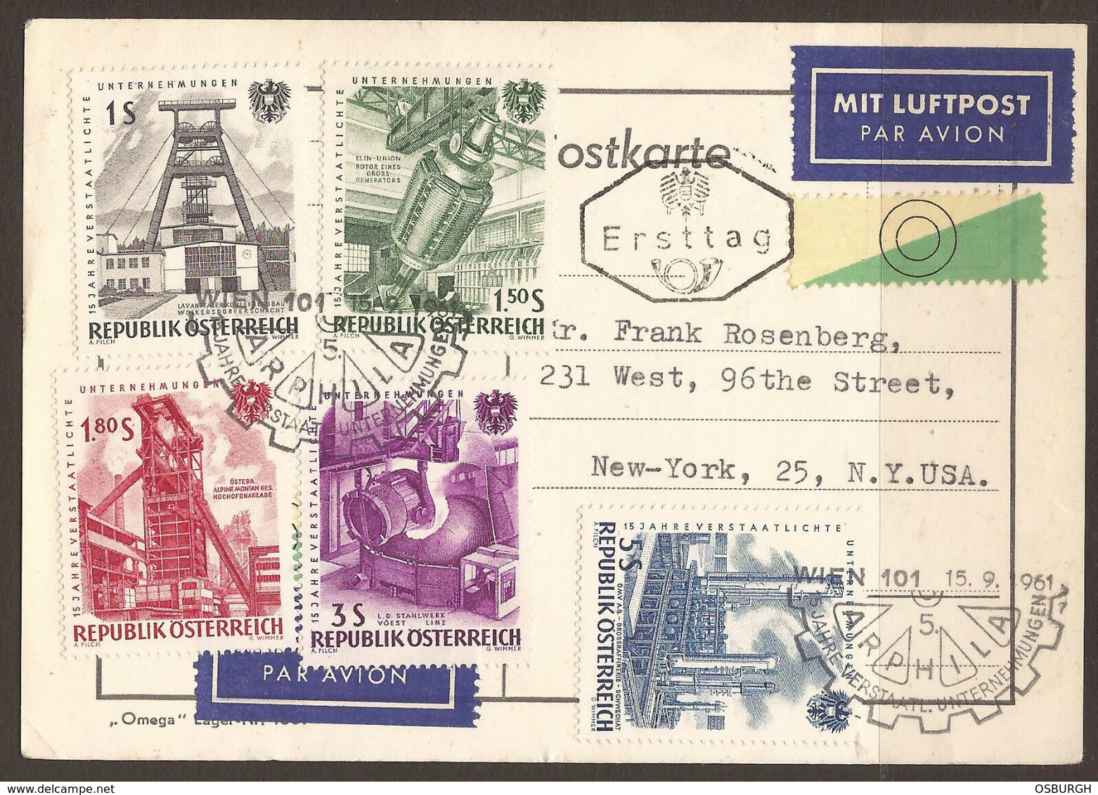 AUSTRIA. FIRST DAY / ERSTTAG AIR MAIL CARD. 1961. INDUSTRIES SET. COG CANCEL. - FDC