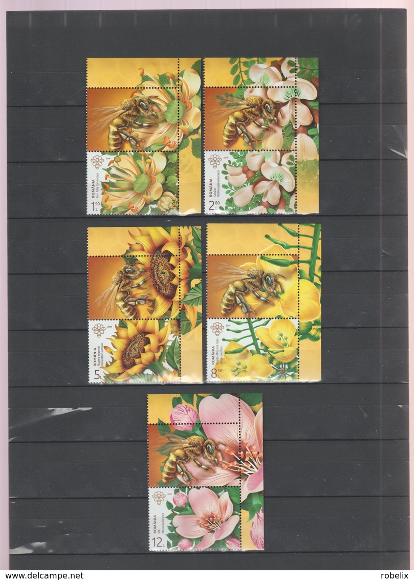 ROMANIA 2019 -  Melliferous Flowers With Honeybees - Set 5 Val + Labels  MNH - Api