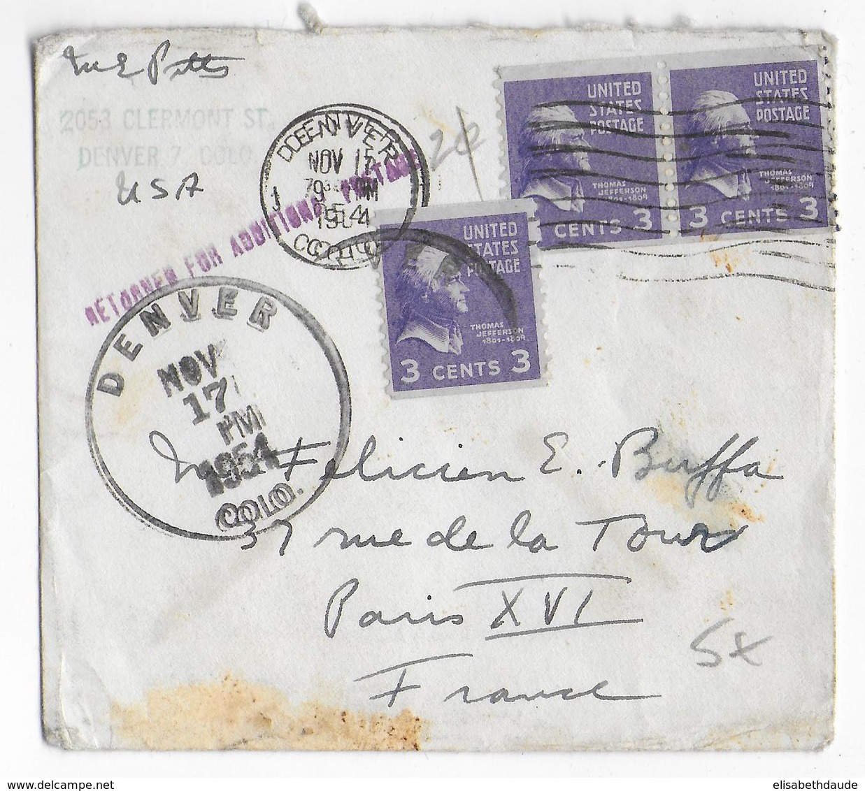 USA - 1954 - LETTRE De DENVER "RETURNED FOR ADDITIONAL POSTAGE" => PARIS - Marcofilie